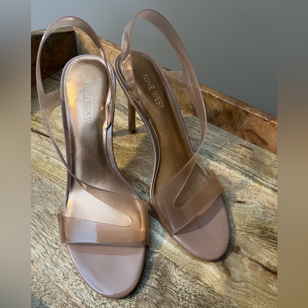 Nine West Ilene Women's Open Toe Sandals Heels NUDE TAN CLEAR Size 10